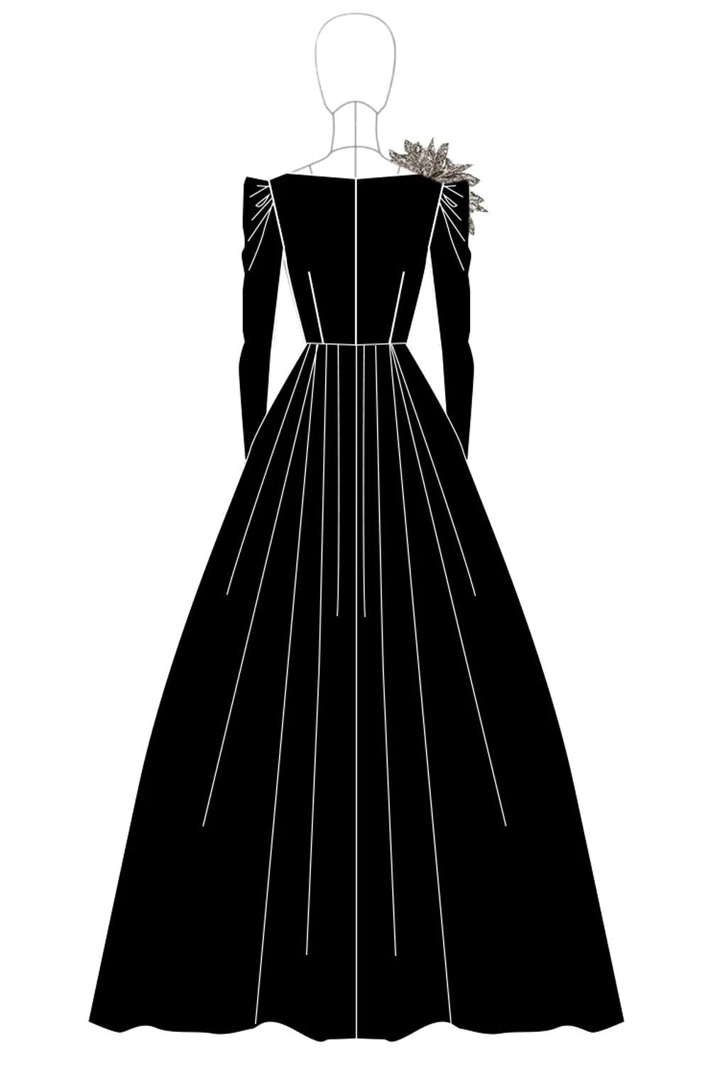 A-Line Long Black Wedding Guest Dress Satin Boat Neck Formal Dress With Long Sleeves