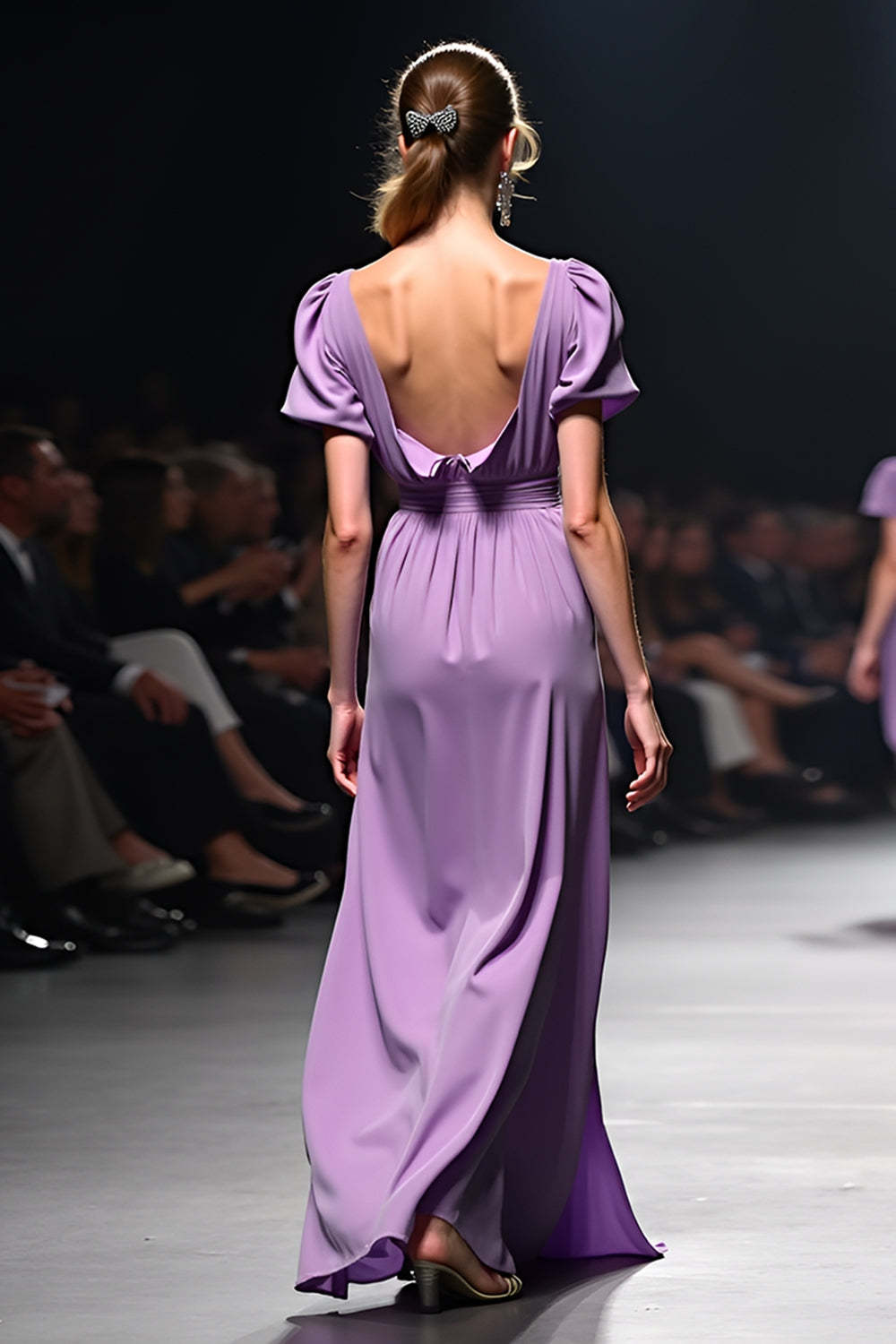 A Line Long Purple Wedding Guest Dress V-Neck Wedding Guest Dress With Short Sleeves