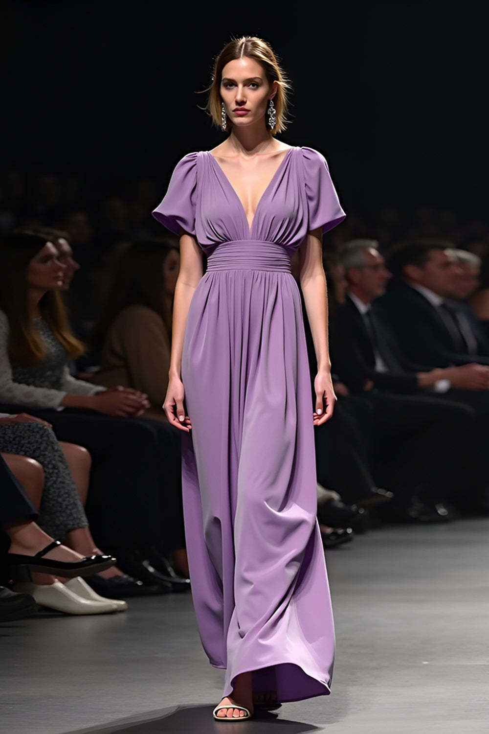 A Line Long Purple Wedding Guest Dress V-Neck Wedding Guest Dress With Short Sleeves
