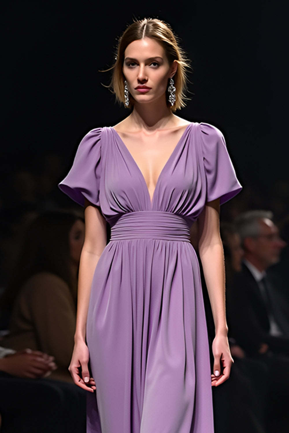 A Line Long Purple Wedding Guest Dress V-Neck Wedding Guest Dress With Short Sleeves