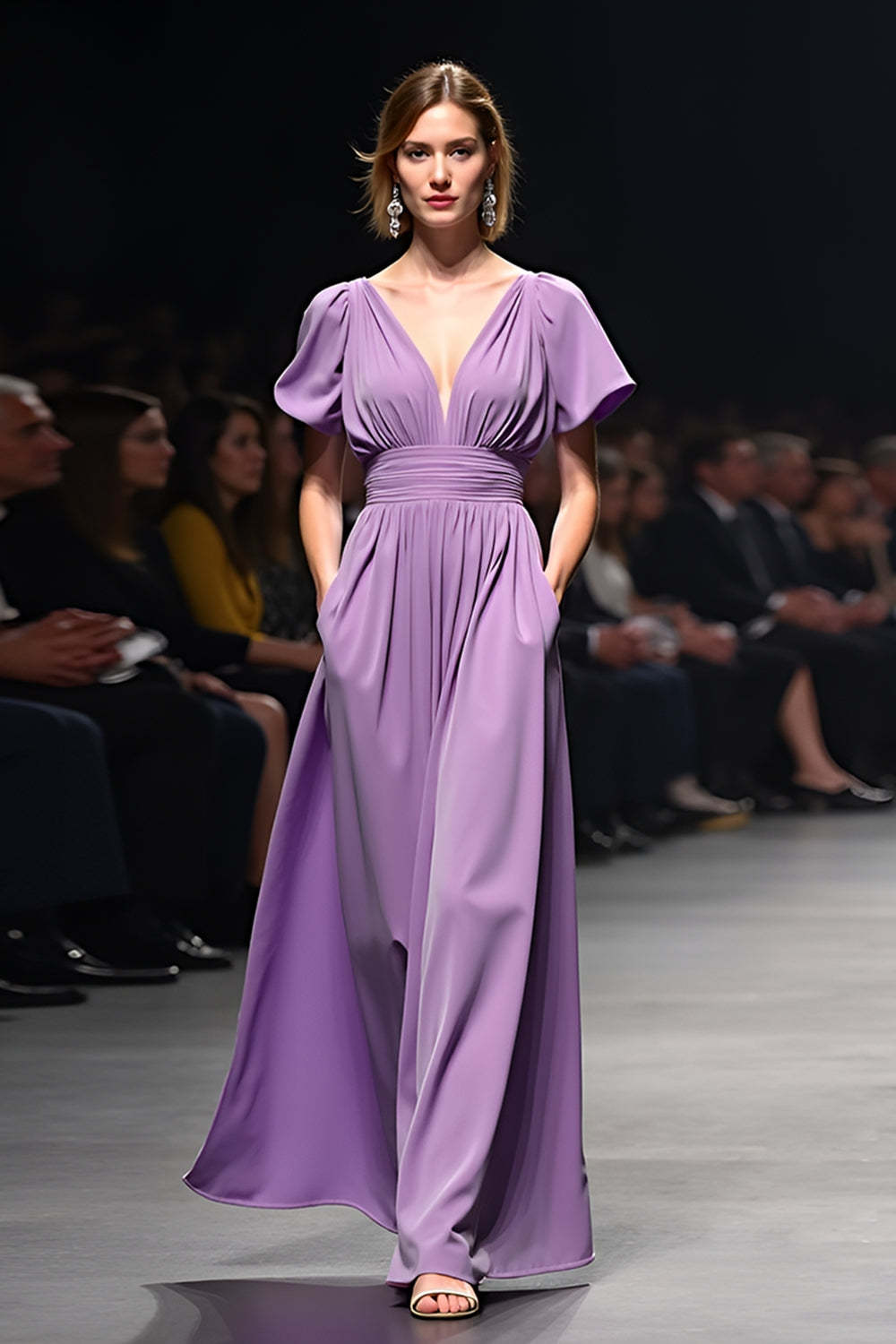 A Line Long Purple Wedding Guest Dress V-Neck Wedding Guest Dress With Short Sleeves