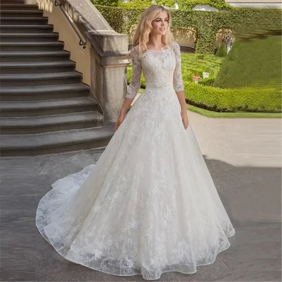 A-Line Luxury Wedding Gowns Lace Applique 3/4 Sleeve Wedding Party Bridal Dresses Vestidos Baratos Con Envio Gratis Robe De (ZD14165)