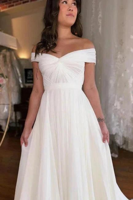 A-Line Off-The-Shoulder Floor-Length Short Sleeve Stain Wedding Dresses with Ruffles (ZD16481)