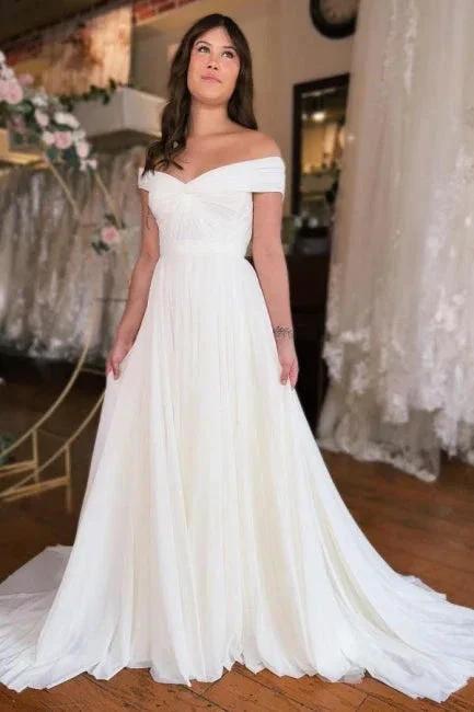 A-Line Off-The-Shoulder Floor-Length Short Sleeve Stain Wedding Dresses with Ruffles (ZD16481) - VelvetHem