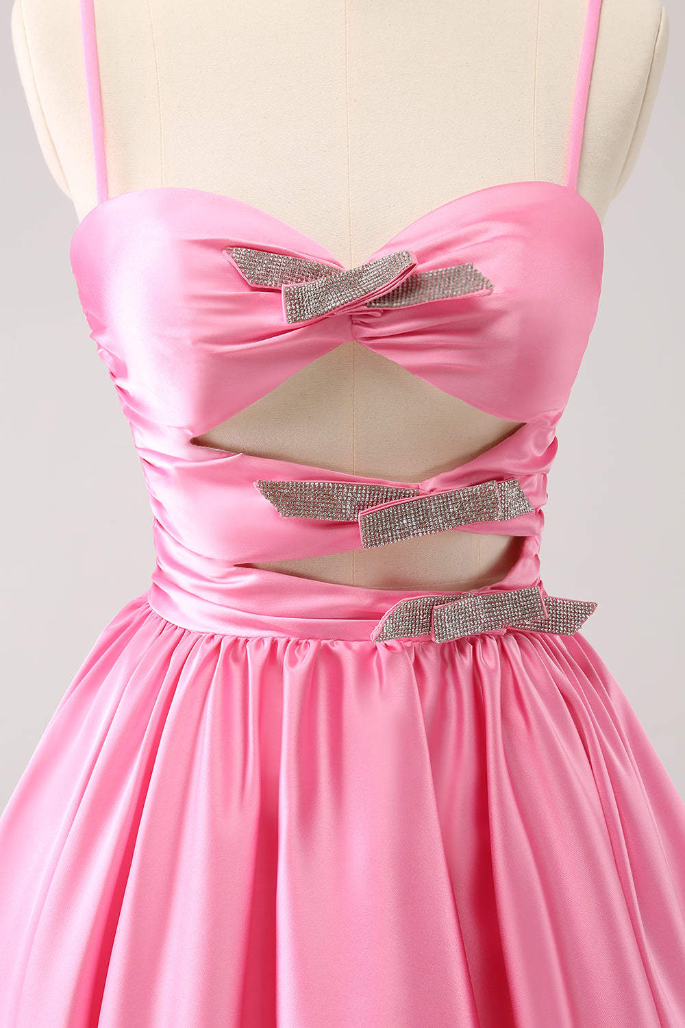 A Line Pink Homecoming Dresses Spaghetti Straps Tiered Short Cocktail Dresses with Bow
