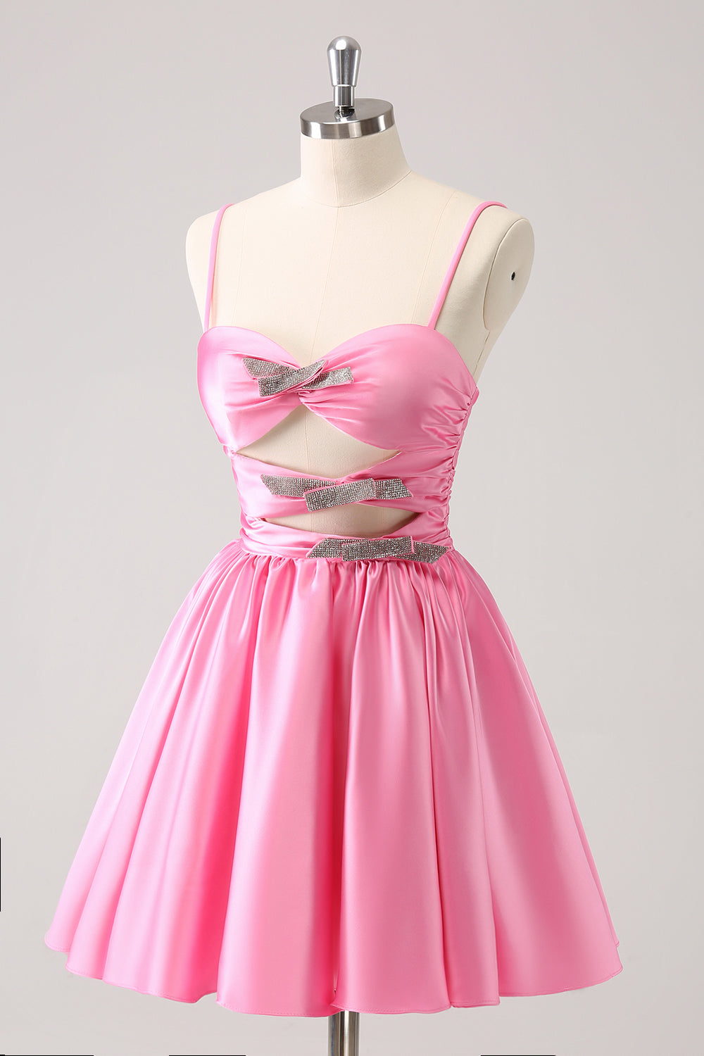 A Line Pink Homecoming Dresses Spaghetti Straps Tiered Short Cocktail Dresses with Bow