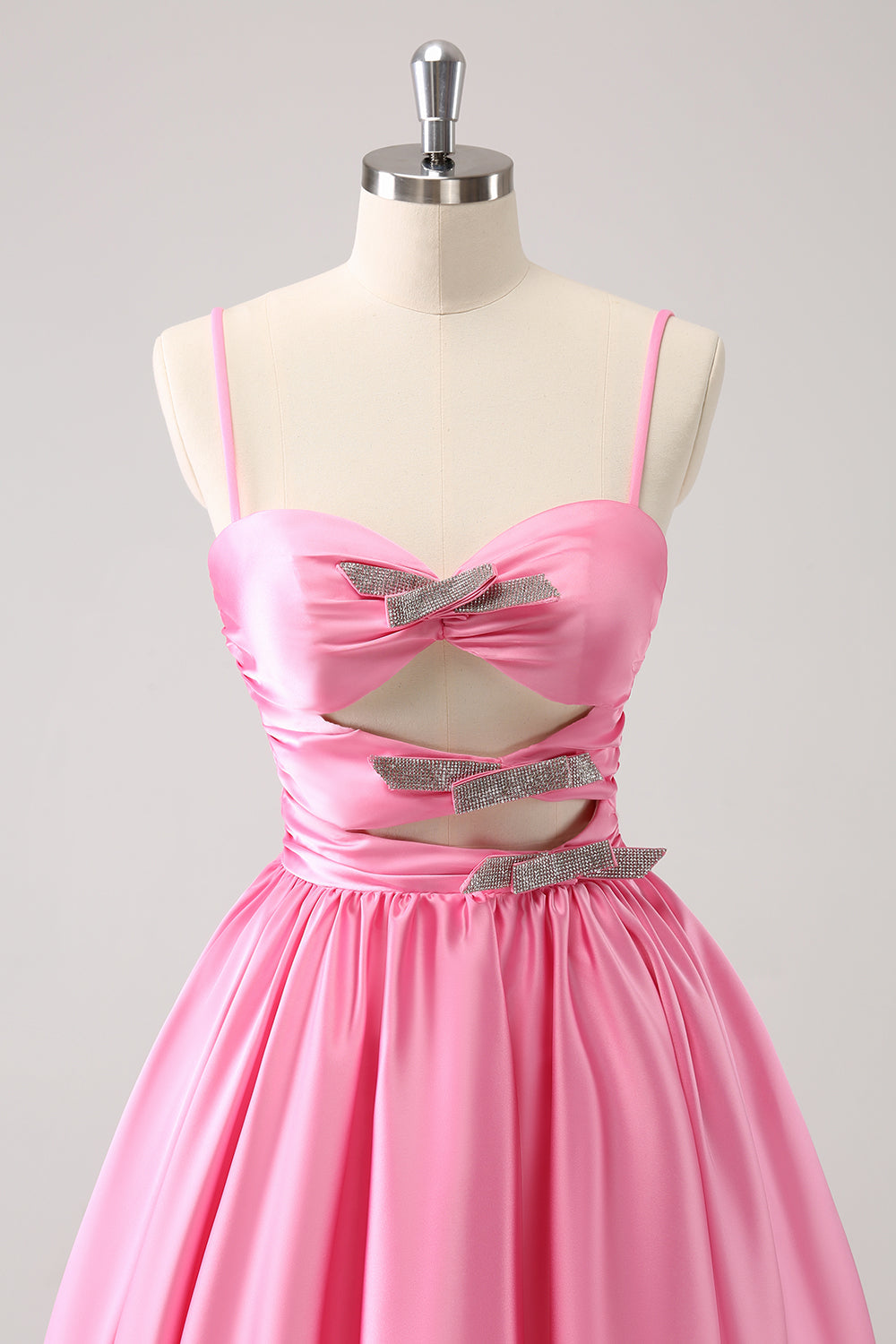 A Line Pink Homecoming Dresses Spaghetti Straps Tiered Short Cocktail Dresses with Bow