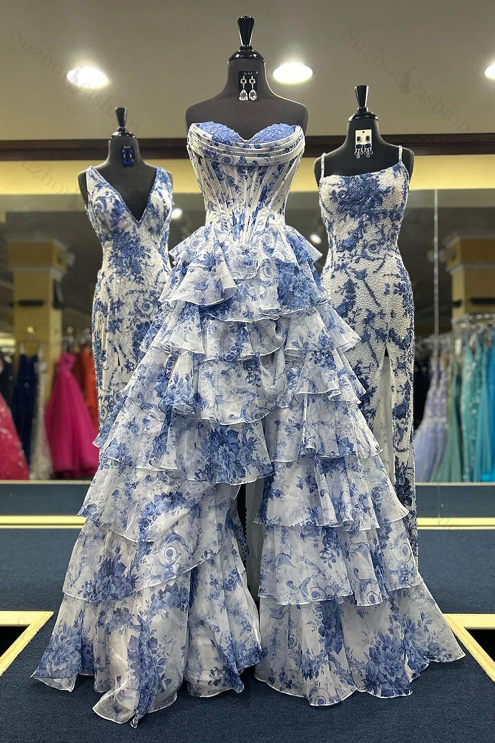 A Line Prom Dress Blue Sweetheart Corset Floral Tiered Long Formal Dress