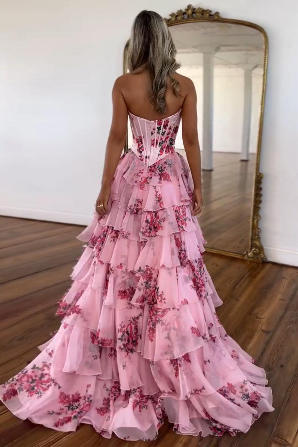 A Line Prom Dress Blue Sweetheart Corset Floral Tiered Long Formal Dress
