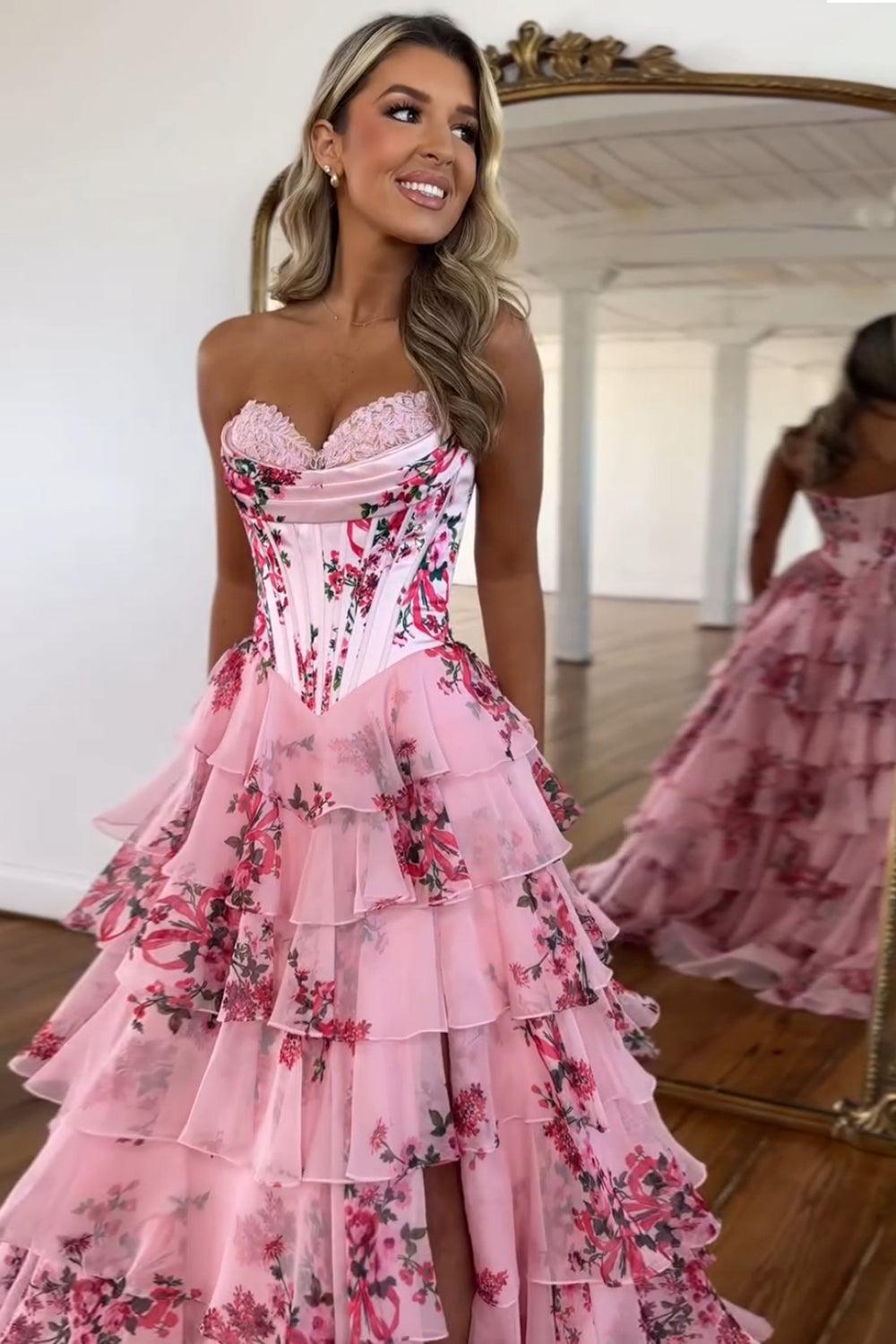 A Line Prom Dress Blue Sweetheart Corset Floral Tiered Long Formal Dress