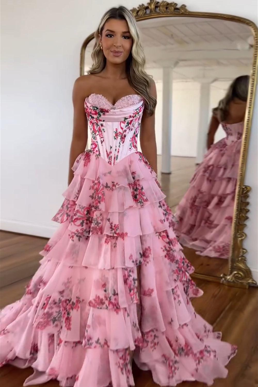 A Line Prom Dress Blue Sweetheart Corset Floral Tiered Long Formal Dress