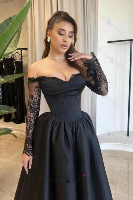 A Line Prom Dress Satin Long Sleeve Black Formal Dress With Appliques