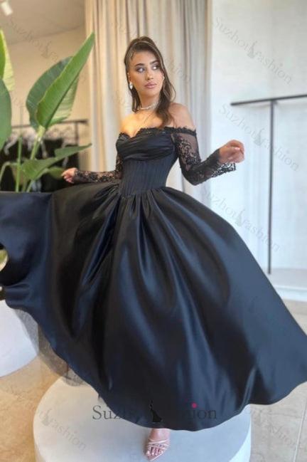 A Line Prom Dress Satin Long Sleeve Black Formal Dress With Appliques
