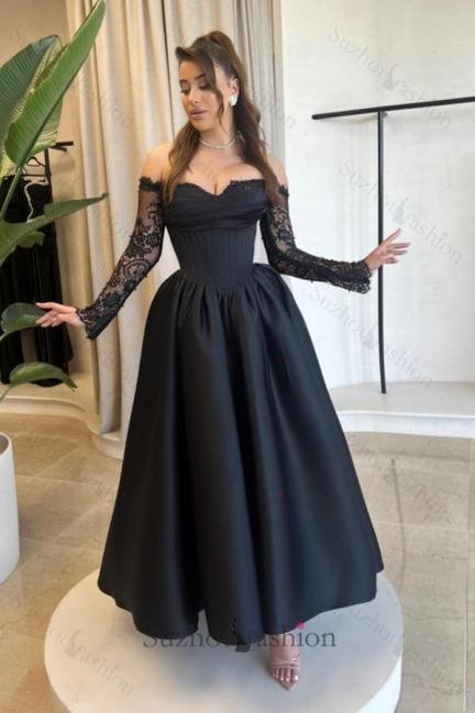 A Line Prom Dress Satin Long Sleeve Black Formal Dress With Appliques