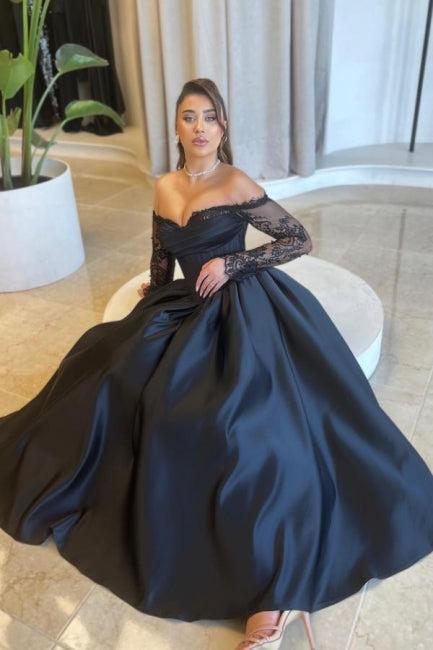 A Line Prom Dress Satin Long Sleeve Black Formal Dress With Appliques