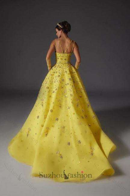 A Line Prom Dress Satin V Neck Sleeveless Yellow Formal Dress With Beading