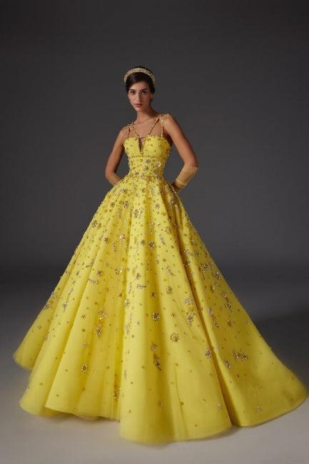 A Line Prom Dress Satin V Neck Sleeveless Yellow Formal Dress With Beading