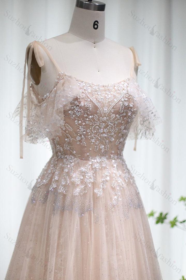 A Line Prom Dress Spaghetti Straps Evening Formal Dress Tulle With Diamond Appliques