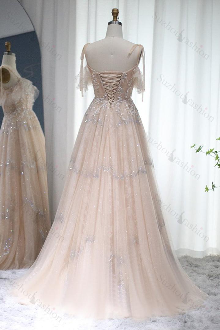 A Line Prom Dress Spaghetti Straps Evening Formal Dress Tulle With Diamond Appliques