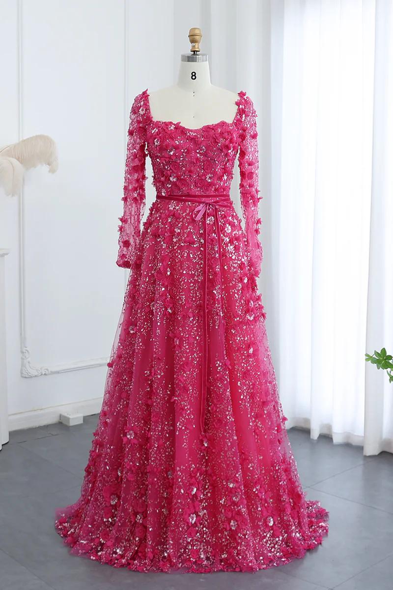 A Line Prom Dress Square Neck 3D Flowers Beaded Formal Dress With Sleeves