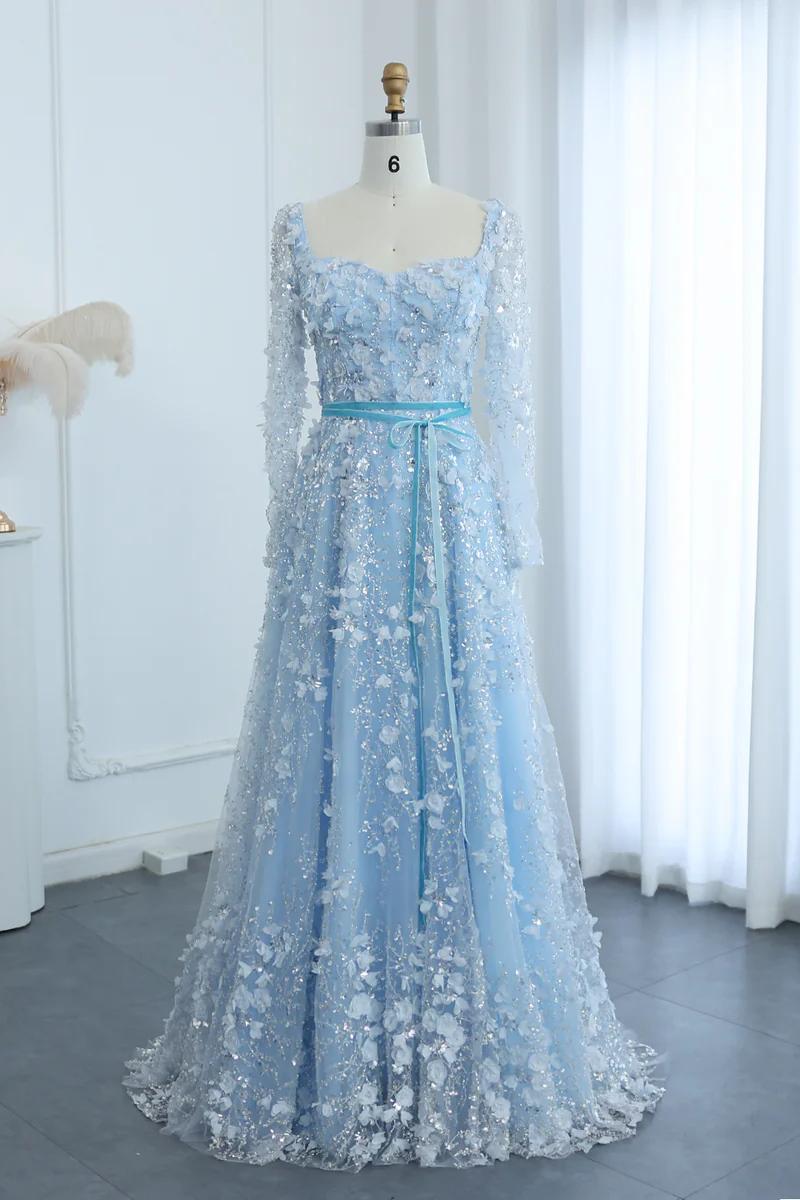 A Line Prom Dress Square Neck 3D Flowers Beaded Formal Dress With Sleeves