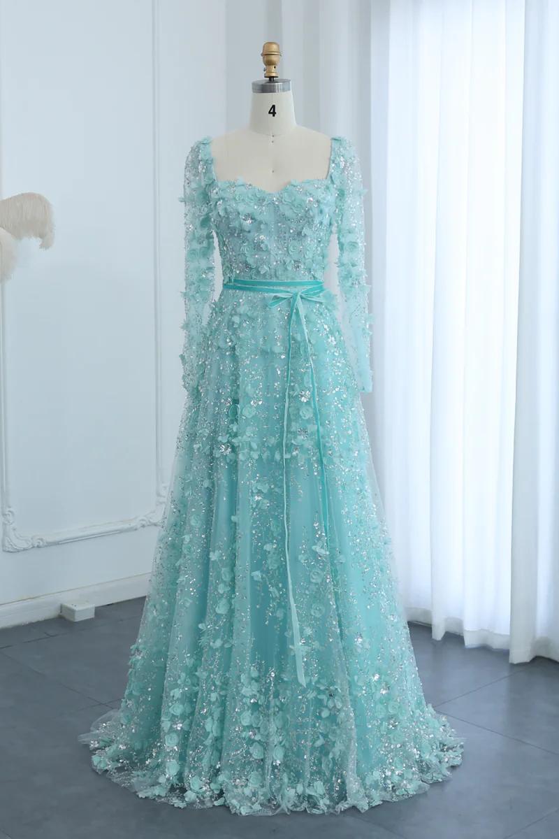 A Line Prom Dress Square Neck 3D Flowers Beaded Formal Dress With Sleeves