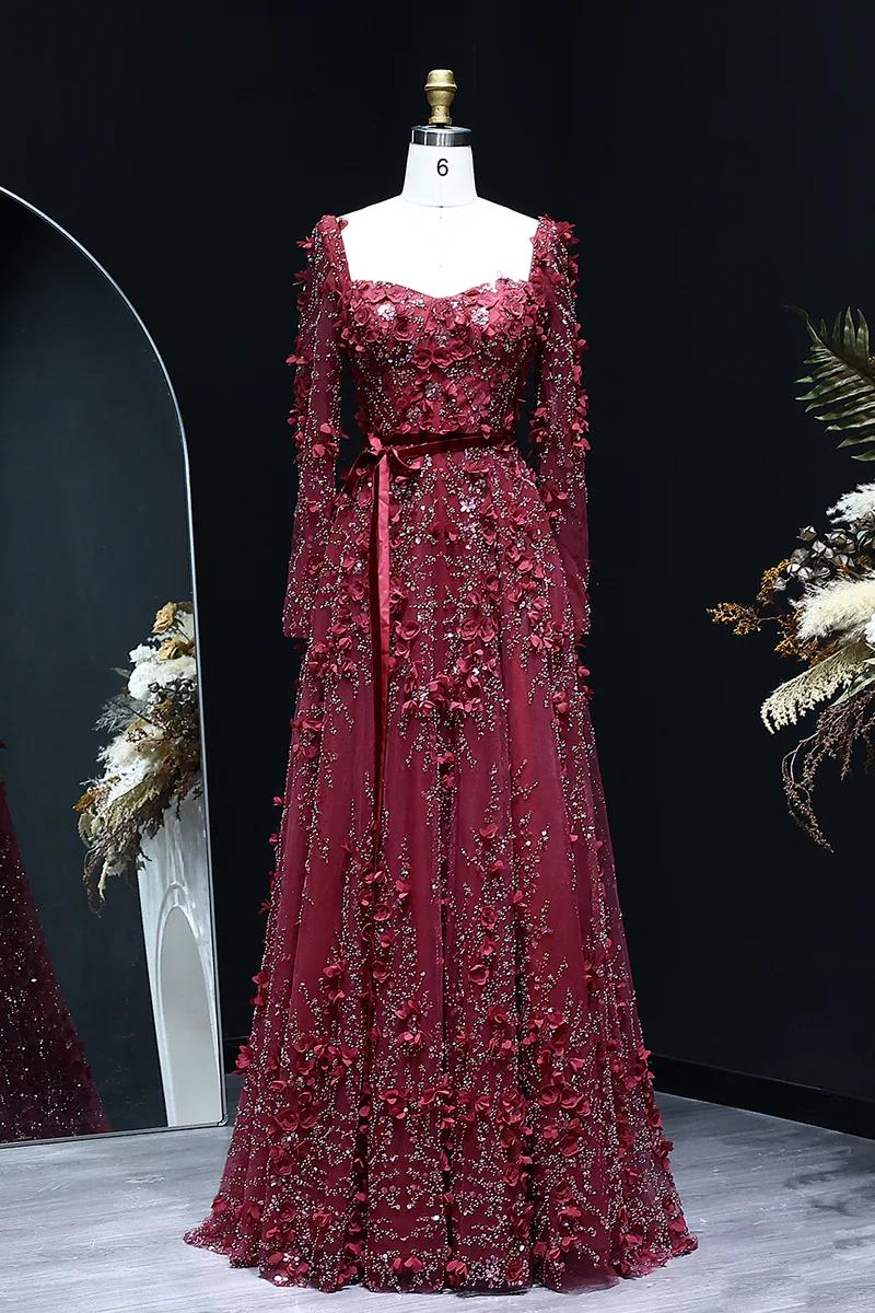 A Line Prom Dress Square Neck 3D Flowers Beaded Formal Dress With Sleeves