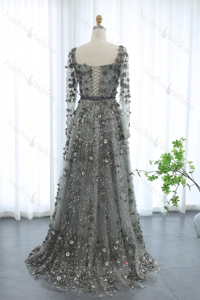 A Line Prom Dress Square Neck 3D Flowers Beaded Formal Dress With Sleeves