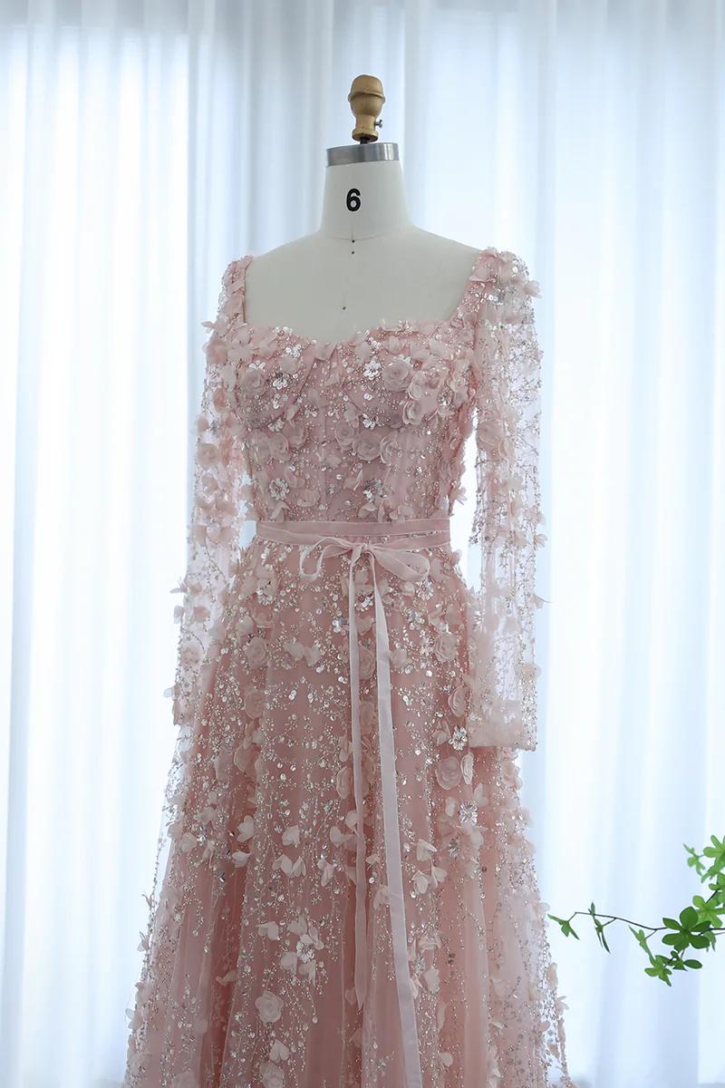 A Line Prom Dress Square Neck 3D Flowers Beaded Formal Dress With Sleeves