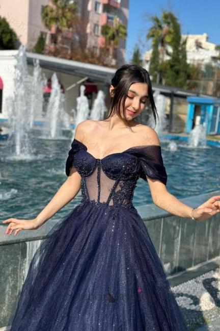 A Line Prom Dress Tulle Off The Shoulder Sleeveless Formal Dress With Appliques