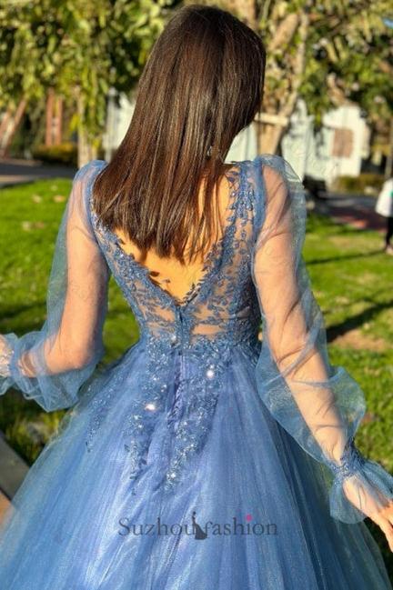 A Line Prom Dress Tulle V Neck Sleeve Formal Dress With Appliques