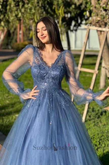 A Line Prom Dress Tulle V Neck Sleeve Formal Dress With Appliques