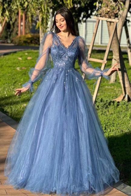 A Line Prom Dress Tulle V Neck Sleeve Formal Dress With Appliques