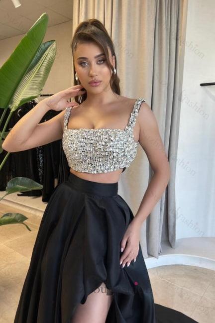 A Line Prom Dress Two Piece Satin Square Sleeveless Black Formal Dress With Split