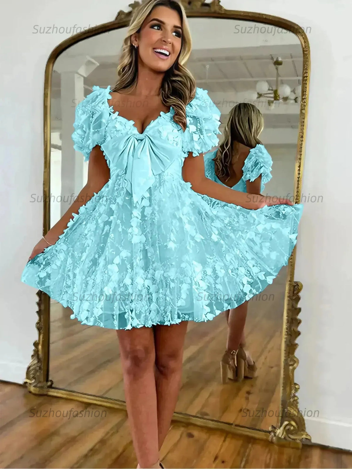 Suzhoufashion A-Line Puff Sleeves Short Tulle Homecoming Dress With Bowknot