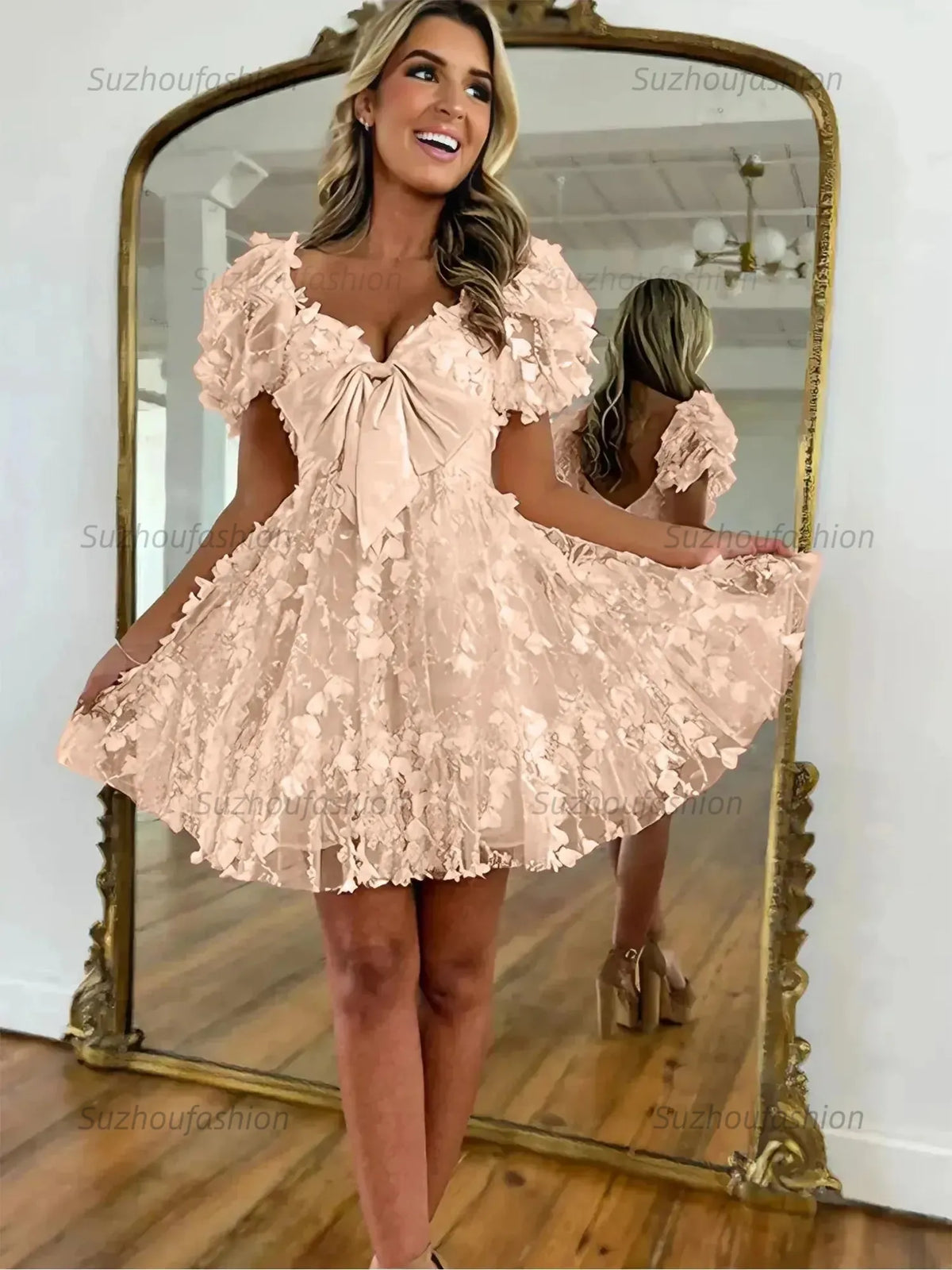 Suzhoufashion A-Line Puff Sleeves Short Tulle Homecoming Dress With Bowknot