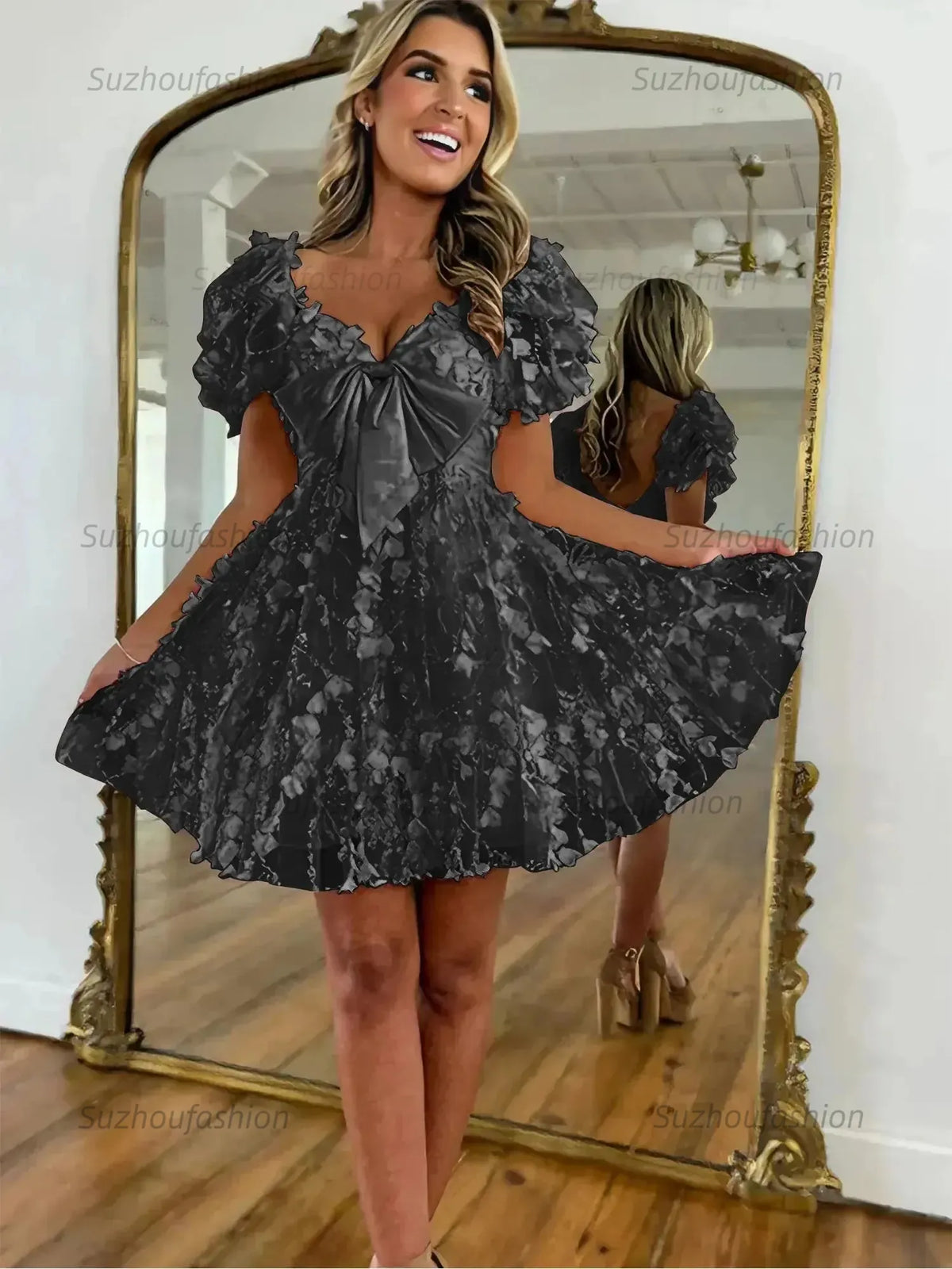 Suzhoufashion A-Line Puff Sleeves Short Tulle Homecoming Dress With Bowknot