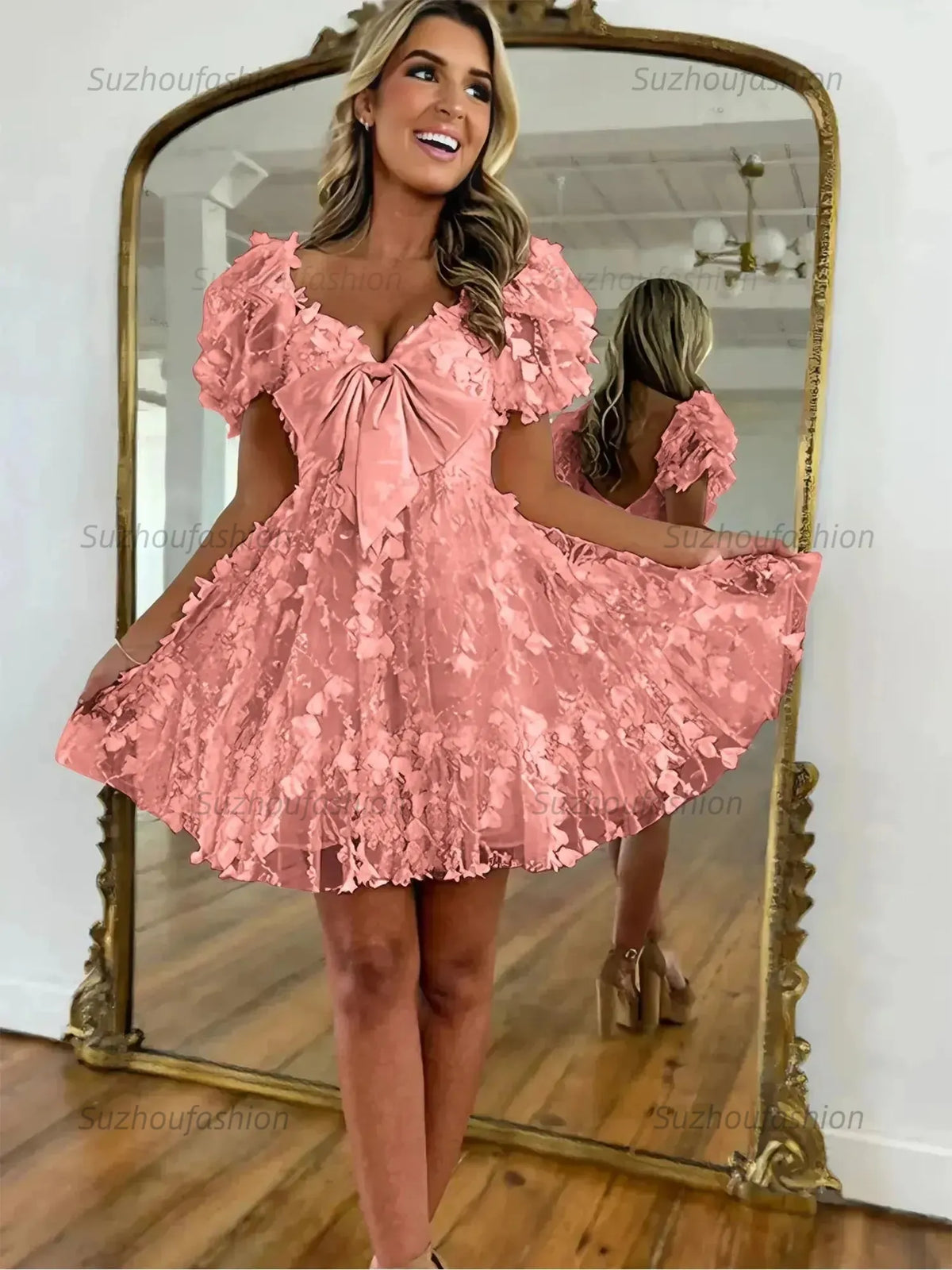 Suzhoufashion A-Line Puff Sleeves Short Tulle Homecoming Dress With Bowknot