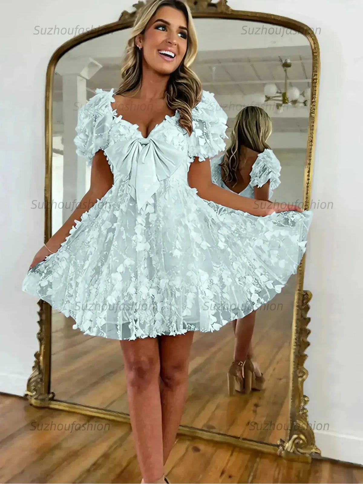 Suzhoufashion A-Line Puff Sleeves Short Tulle Homecoming Dress With Bowknot
