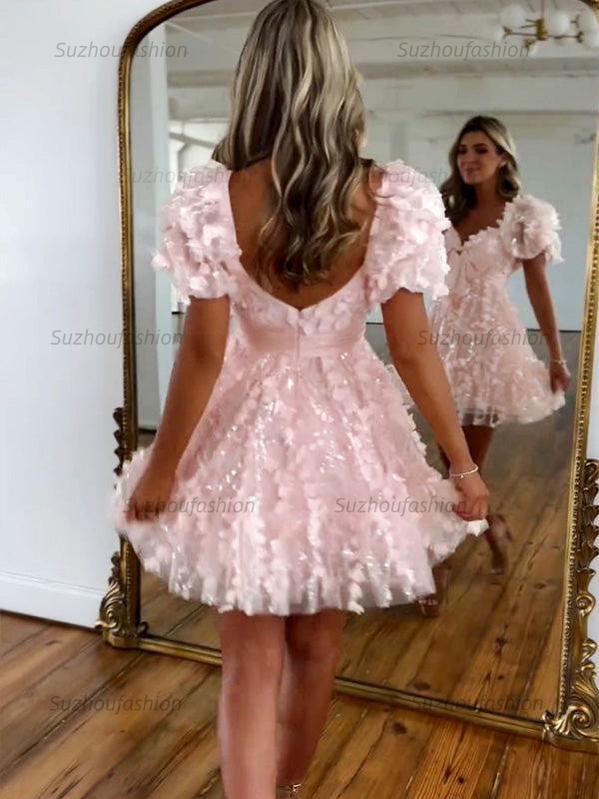 Suzhoufashion A-Line Puff Sleeves Short Tulle Homecoming Dress With Bowknot