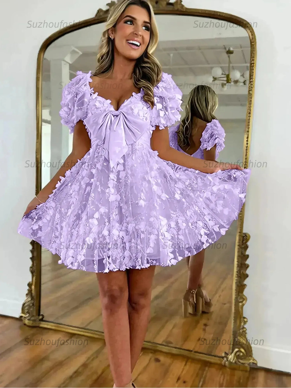 Suzhoufashion A-Line Puff Sleeves Short Tulle Homecoming Dress With Bowknot