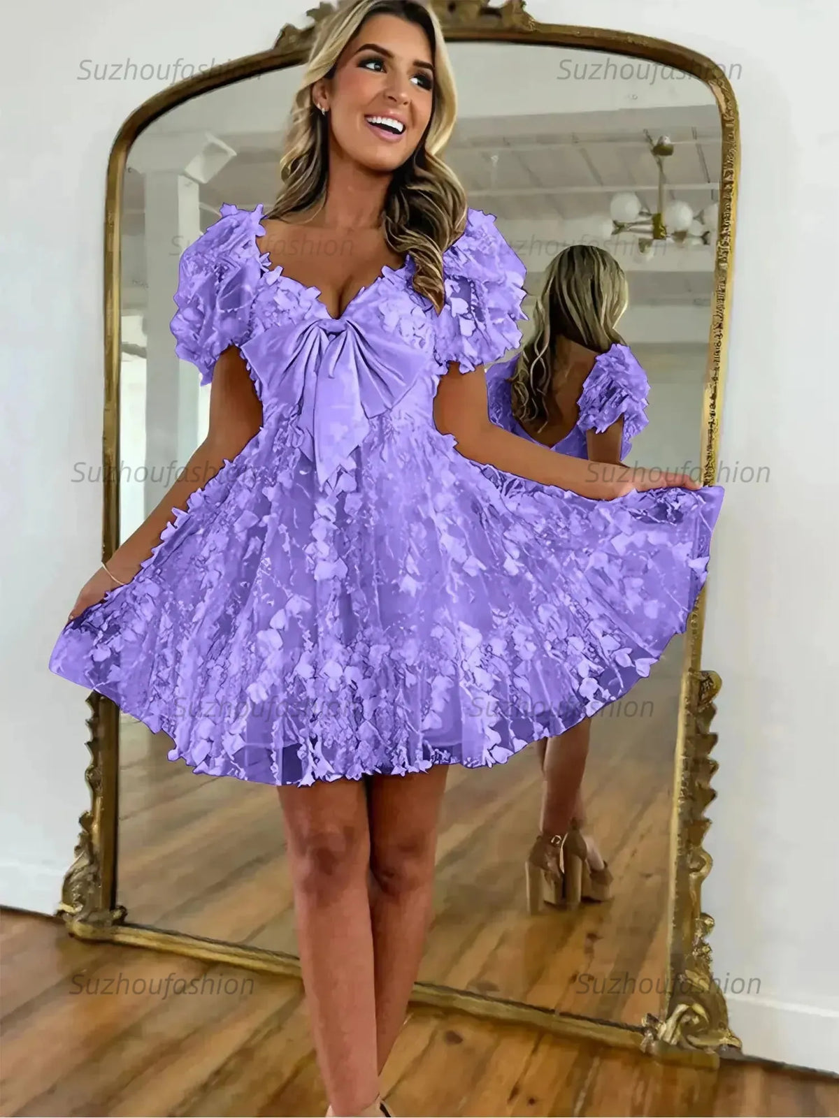 Suzhoufashion A-Line Puff Sleeves Short Tulle Homecoming Dress With Bowknot