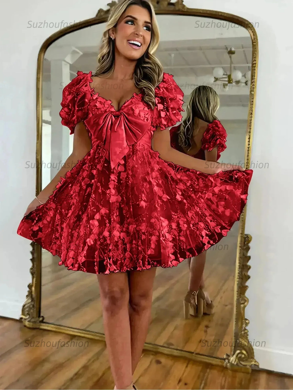 Suzhoufashion A-Line Puff Sleeves Short Tulle Homecoming Dress With Bowknot