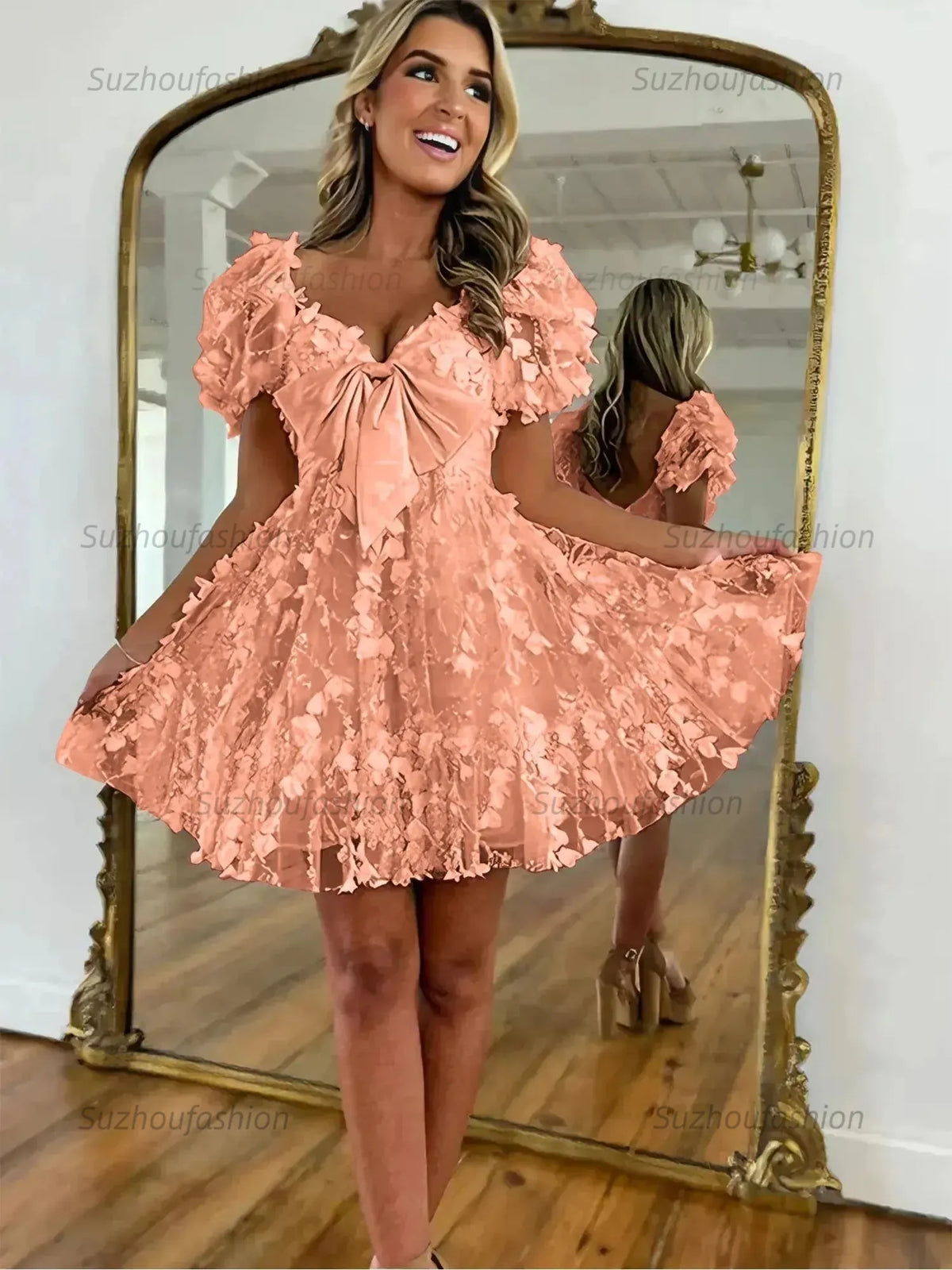 Suzhoufashion A-Line Puff Sleeves Short Tulle Homecoming Dress With Bowknot