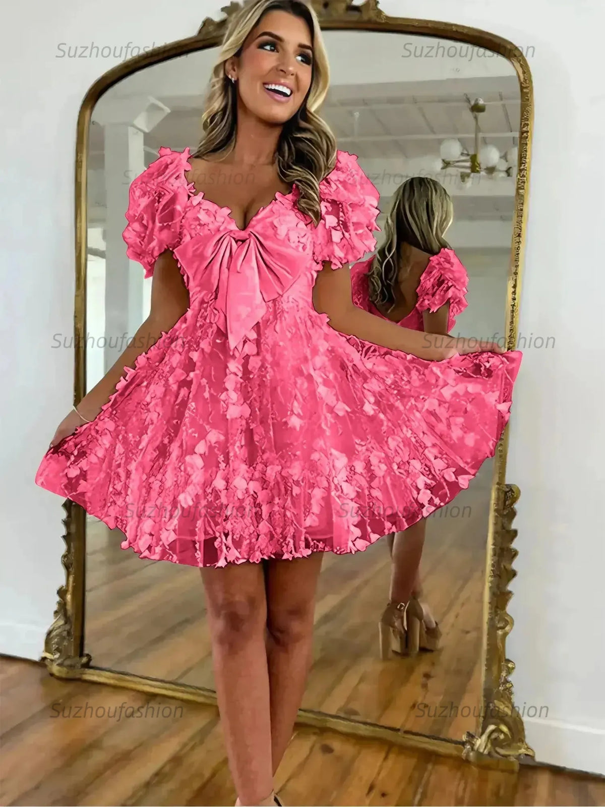 Suzhoufashion A-Line Puff Sleeves Short Tulle Homecoming Dress With Bowknot