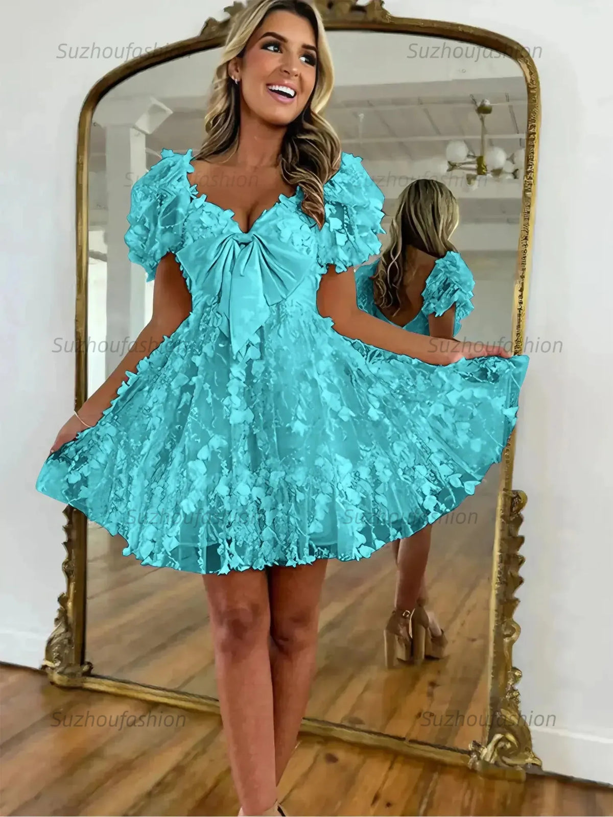 Suzhoufashion A-Line Puff Sleeves Short Tulle Homecoming Dress With Bowknot