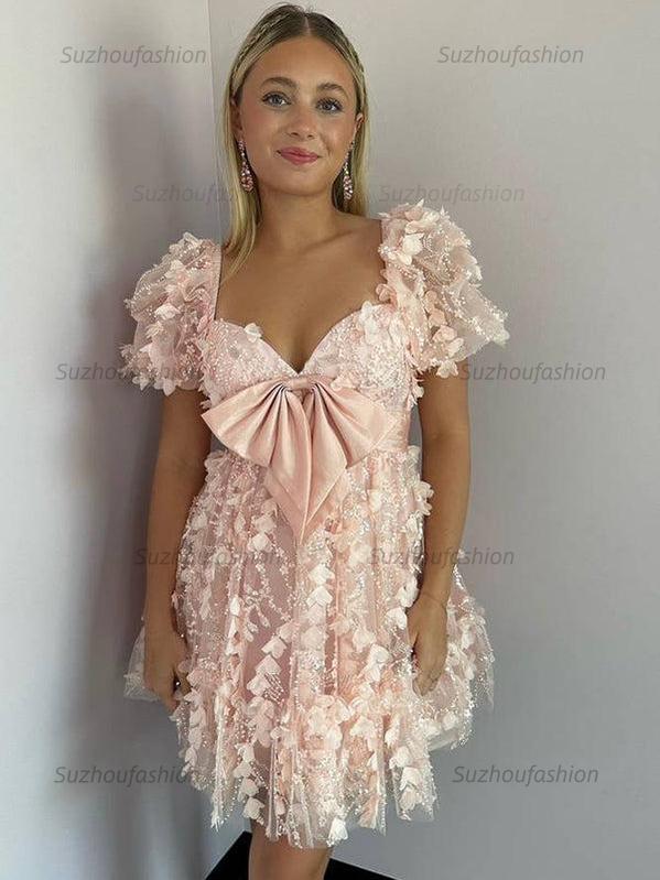 Suzhoufashion A-Line Puff Sleeves Short Tulle Homecoming Dress With Bowknot