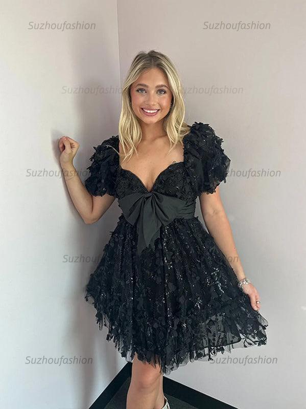 Suzhoufashion A-Line Puff Sleeves Short Tulle Homecoming Dress With Bowknot