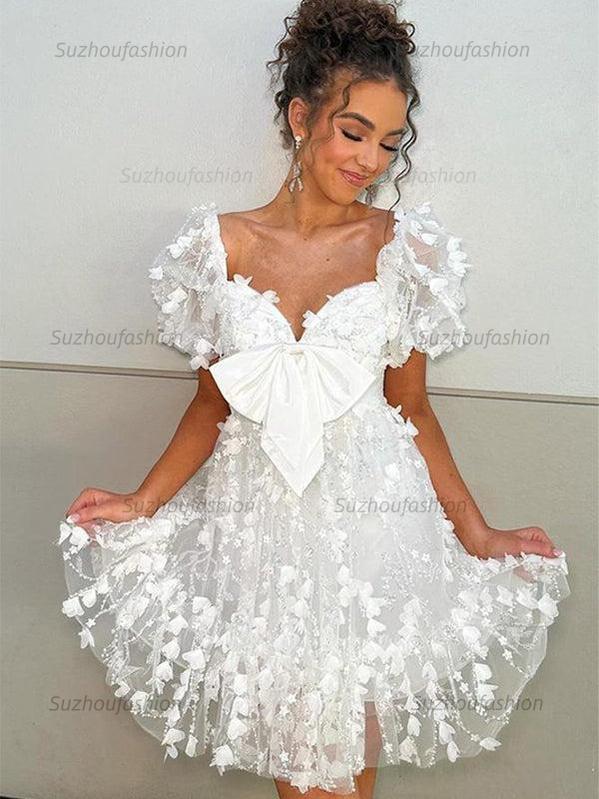 Suzhoufashion A-Line Puff Sleeves Short Tulle Homecoming Dress With Bowknot