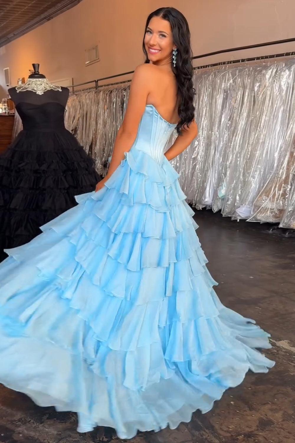A Line Red Prom Dress Sweetheart Ruffled Long Formal Dress With Slit